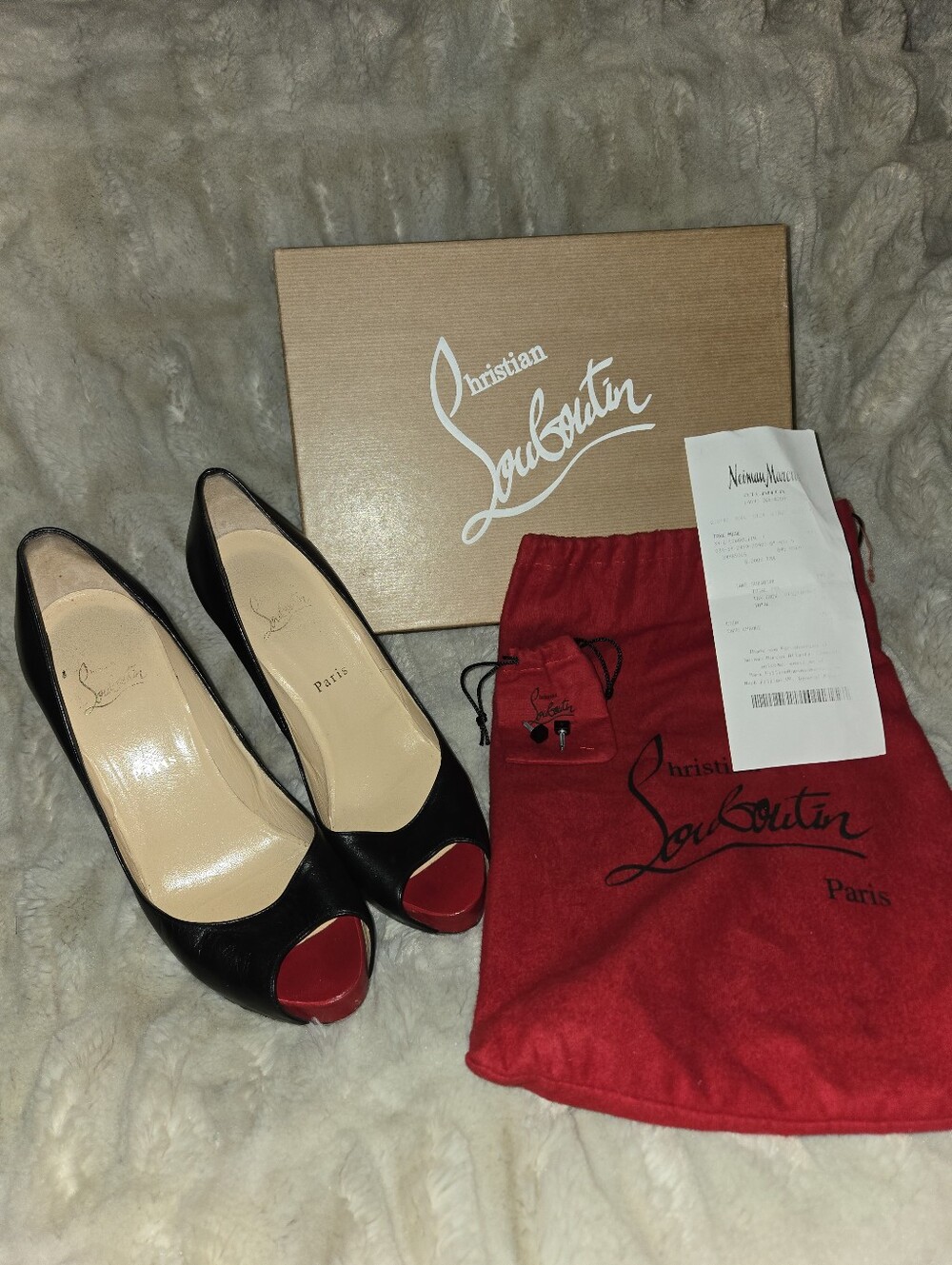 Christian Louboutin Black Leather Peep-Toe Pumps with Red Accents 9.5 (40.5)